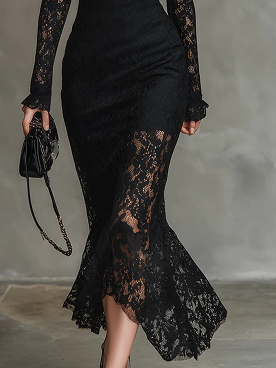 Teresa - Robe Maxi Fishtail Élégante en Dentelle Noire Élastique