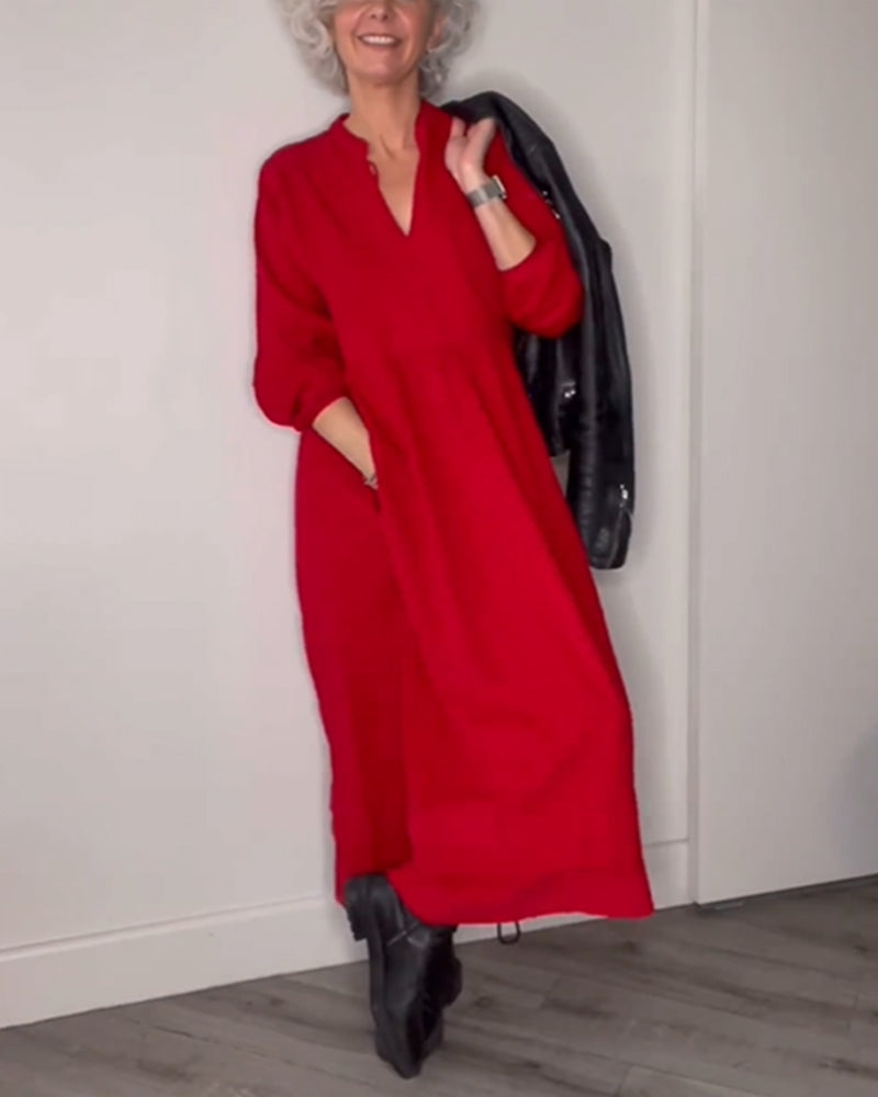 Blandine | Robe Midi Élégante avec Col en V et Manches Longues
