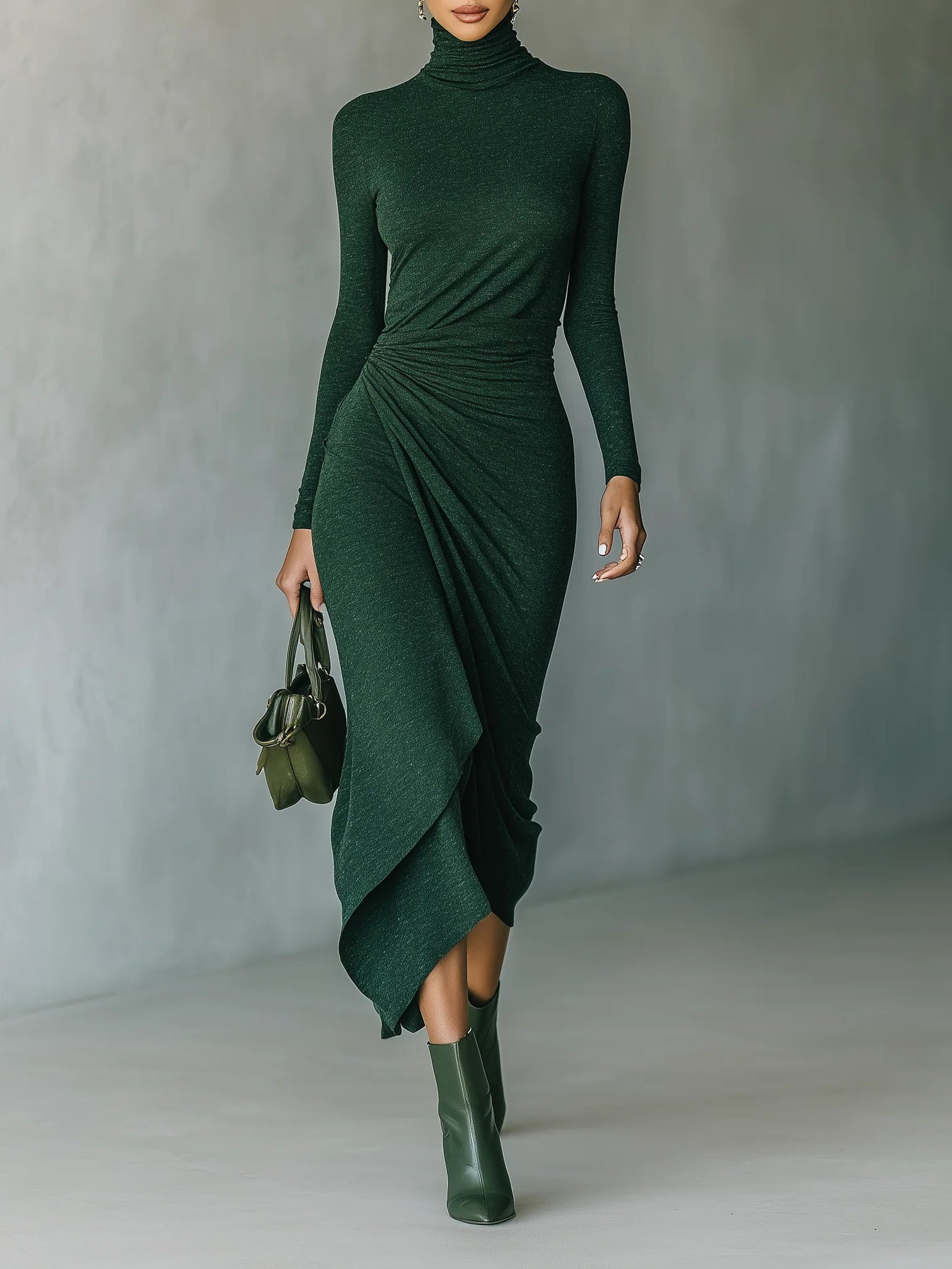 Lenora - Robe midi asymétrique avec drapés et col haut en couleur vert foncé